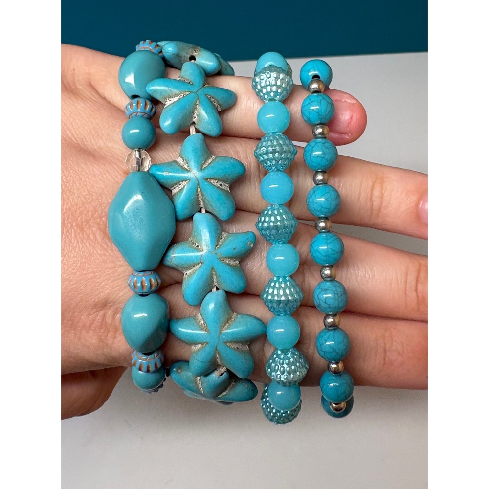 Turquoise Beaded Bracelet Set Starfish Leaf Charm Aqua Blue 4 Piece Stretch Boho